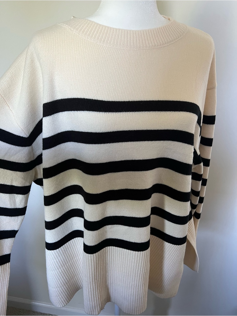 Cream and Black Striped Crewneck Sweater